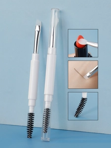 Dual-head makeup brush showing spiral brow spoolie and soft silicone lip brush detail