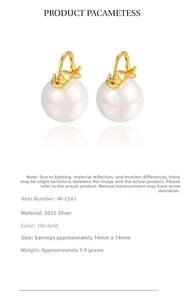Detail view of 925 silver pearl drop earrings with 18k gold plating and 14mm dimensions