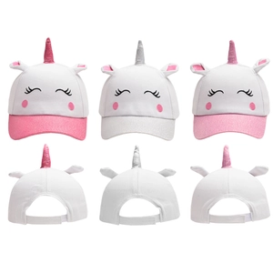 Kids unicorn baseball cap with 3D ears and horn in six different angles view