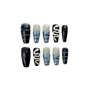 Gothic black and blue gradient press-on nails with silver snake charm and rhinestones