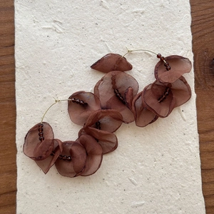 Vintage brown fabric flower beaded circular hoop earrings with golden metal details