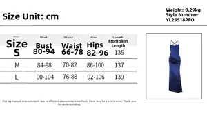 Guide des tailles détaillé pour robe longue en satin avec mesures de buste et taille