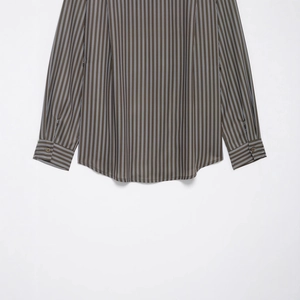Brown and white vertical striped long sleeve poplin shirt with a curved hem and buttoned cuffs
