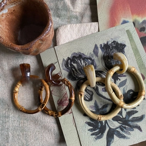 Bamboo Texture Hoop Earrings With Resin Marble Pattern And Silver Earring Post Retro Ethnic Style Women