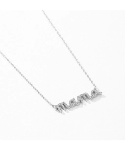 Detailed macro view of silver Mama pendant with micro-pave cubic zirconia crystals