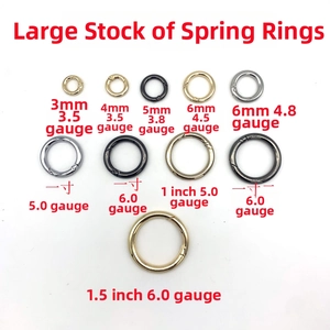 Detailed size chart showing metal ring diameters and wire thickness for bag chain accessories