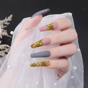Matte long ballet press-on nails with grey-yellow floral and lace patterns
