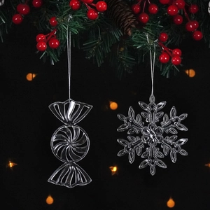 Sparkling crystal lollipop and snowflake Christmas ornaments with silver hanging strings