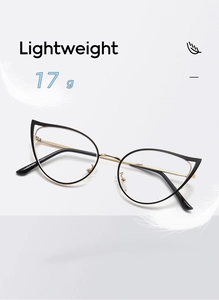 Lightweight cat-eye anti-blue light glasses in black and gold weighing only 17g