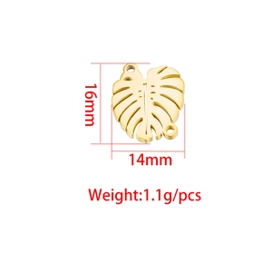 Gold stainless steel leaf charm connector with dual holes, sized 16x14mm and weighing 1.1g