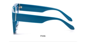Detailed side profile of blue square frame glasses showing the hinge and temple structure