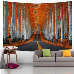 Detailed texture of white birch forest tapestry with autumn road on polyester fabric