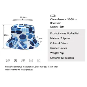 Unisex polyester bucket hat with blue and white geometric print and sizing details