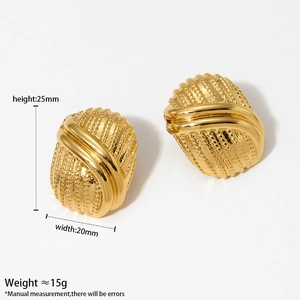 Vintage gold textured oval button stud earrings in striped stainless steel design