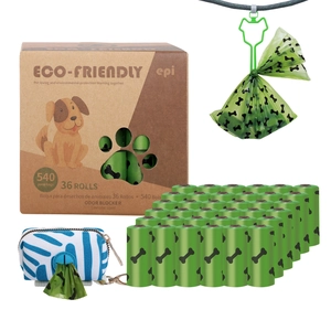 Detail view of 36 rolls of lavender scented biodegradable dog waste bags with dispenser