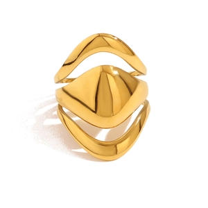 Detailed view of 18K gold plated stainless steel ring with abstract lava sculpture design