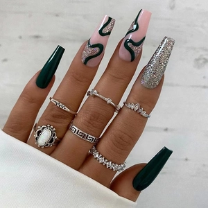 Faux Ongles Longs Coffin Vert Foncé Paillettes Argentées Lignes Abstraites Ongles Artificiels Brillants Manucure De Mode Pour Femmes