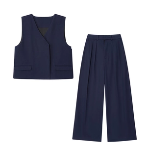 Women Solid Color Casual Business Vest And Pants V Neck Sleeveless Waistcoat And High Waist Wide Leg Pleated Trousers