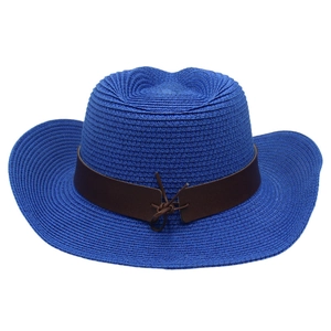 Stylish blue western cowboy straw hat featuring a brown band for summer beach sun protection