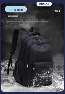 Close-up of waterproof black nylon backpack showing water droplets on the durable surface