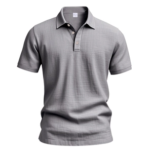 Detail view of grey linen polo shirt collar showing fabric texture and size M label
