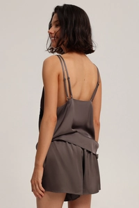 Detailed back view of dark grey satin camisole set showing strap and open back design