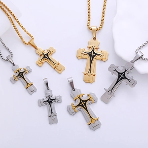 Polished stainless steel triple cross pendant necklaces in gold, silver and bicolor finish