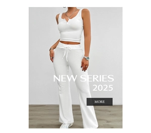Detail of ribbed crop top with button neckline and drawstring wide leg pants in white