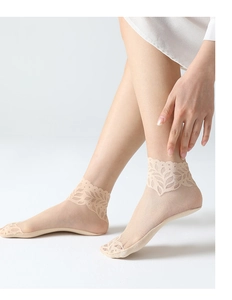 Close-up of sheer skin-tone mesh socks featuring delicate wavy lace cuffs and patterns