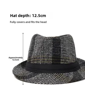 Detail shot showing 12.5cm depth of vintage plaid fedora hat with textured fabric