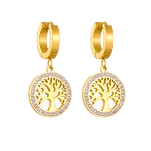 Golden Tree of Life drop earrings with circular crystal pavé trim and lever-back clasp