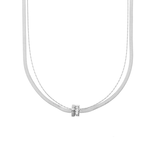 Close-up of silver titanium steel double layer necklace with flat snake chain and pendant