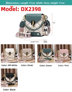 Mini square crossbody bag detail showing sizes, woven chain, and five color options