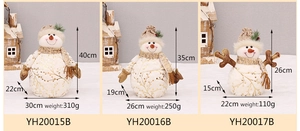 Detailed size chart showing three plush snowman figurines with gold prints and dimensions