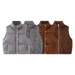 Women Stand Collar Leopard Print Puffer Vest Double Sided Wear Down Cotton Padded Sleeveless Jacket Streetwear