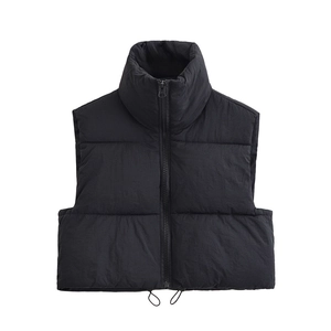 Women Fashion Cropped Puffer Vest Stand Collar Quilted Sleeveless Padded Jacket With Drawstring Hem Polyester Solid Black
