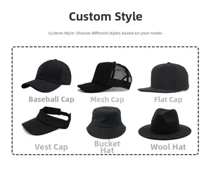 Detailed comparison of six black hat styles including baseball, mesh, and flat brim caps