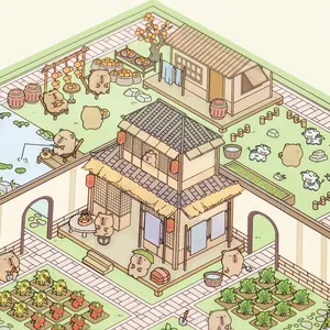3D isometric miniature capybara sticker book featuring cute rural scene illustrations