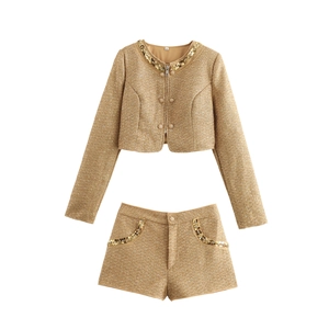 Sequin Tweed Crop Jacket And Shorts Elegant Small Fragrance Style Outfit For Women Golden Glamorous
