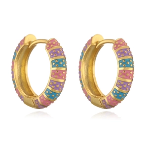 Rainbow enamel gold hoop earrings with colorful dotted patterns on white background