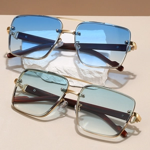 Oversized double-bridge square sunglasses with wood grain temples and metal frames