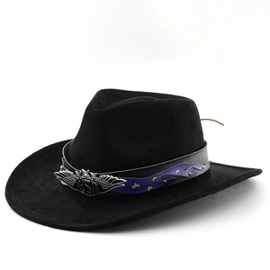 Black Western cowboy hat with USA metal badge and blue flame pattern leather band