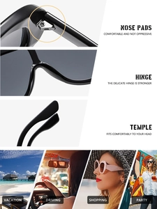 Detail view of comfortable nose pads, sturdy hinges, and stylish temples of large sunglasses