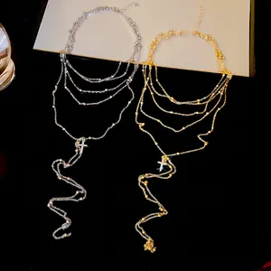 Multi-layer chain necklace with zircon cross pendant in gold and silver finish