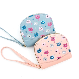 Floral bear print half-round wallets in blue and pink with convenient wrist straps