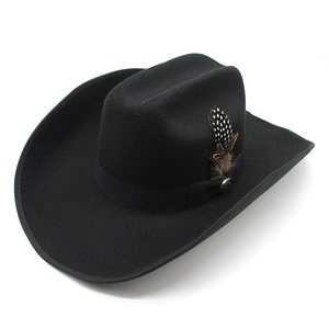 Classic black wool western cowboy hat with wide brim and decorative natural feathers