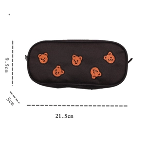 Detailed dimensions of black fabric pencil case with five orange bear embroidery
