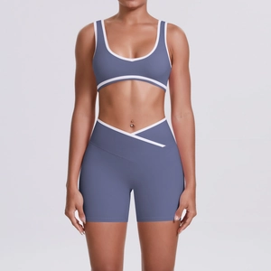 Detailed view of the V-shape high waist structure on blue sports yoga shorts set
