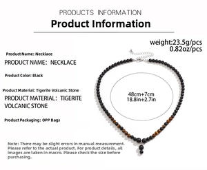Detailed size chart for men's beaded necklace with tiger eye and volcanic stone beads