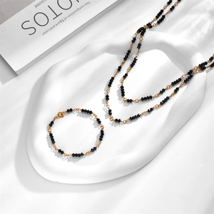Stainless Steel Necklace And Bracelet For Women Double Layer Long Chain With Faceted Black Crystal Beads Elegant Fashion Jewelry